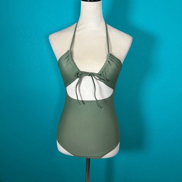 NWT Aerie Ruched Cut Out One Piece Swimsuit Women's Olive Fun Size XS Long - Picture 2 of 6